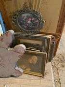Small oak chest of drawers, wooden file stand, wooden folding chair, live edge clock, framed prints lot