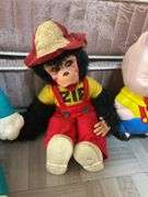 Chalkware Porky Pig figure, vintage Mr. Bim and other monkey dolls, Wrinkles dog puppet in box