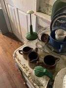 Vintage 3-tier utility cart and contents: vintage dishes and glassware, planters