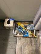 Stool, toilet stools, waste can, blood pressure monitor in box, contents of cabinet under sink and drawer