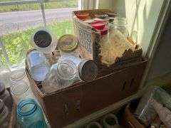 Canning jar lot, some blue, and soda bottles