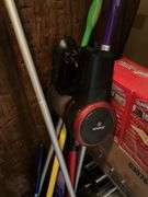 Contents of closet: MooSoo vacuum, Hoover upright vacuum, hand vac, cleaning supplies, Swiffer and refills, drawer unit, metal shelf unit, hangers, misc