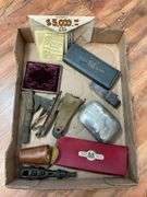 Collectibles lot: corn huskers, straight razor in box, shot cups in leather case, misc