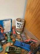 Collectibles lot: toy cars, Wolf’s Head oil bank, includes red line hot wheels
