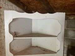 White corner cupboard w/ open top shelving, cupboard base