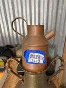 Copper jug, handled brass vase, metal cups set