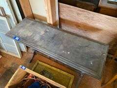 Double pedestal library table w/ carved top edge, spindled stretcher 48x17x30