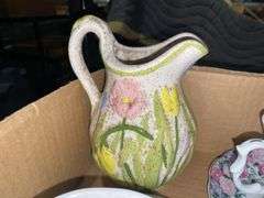 Floral decorated china cups & saucers, ceramic pitcher