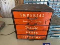 Vintage Imperial Brass Fittings advertising store cabinet w/ contents, and other cabinet w/ contents