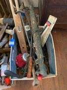 Wooden level, single tree, mallet and hammers, misc tools