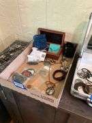 Wooden jewelry box, Timex watch, Tiffany & Co pouch, necklaces, pendants