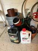 Weed killer, sprayers, flowerpots, garden hose, misc