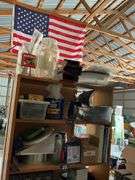 Contents of shelf unit: parts drawer cabinet, packing tape handle, hardware, misc