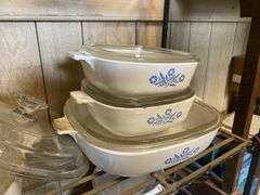 Vintage Pyrex bowls, Corning bakeware, and Corelle dinnerware