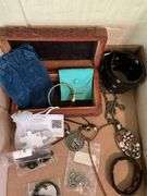 Wooden jewelry box, Timex watch, Tiffany & Co pouch, necklaces, pendants