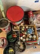 Christmas ornaments and decor, light strings, decorative tins