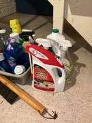 Lasso pedestal fan, cleaning supplies, mop, hand broom, dust pans