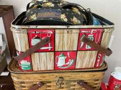 Three decorative lithographed tins, and blue & white swirl graniteware pan w/ bail handle