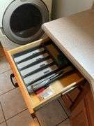 Contents of bath/laundry room: Bath stool, towels, heath & body products, walker, under sink contents, wall plaque, misc. Washer and Dryer NOT FOR SALE.