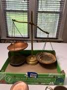 Metalware including: Kundo anniversary clock, balance scale, mugs