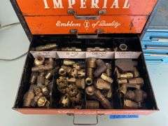 Vintage Imperial Brass Fittings advertising store cabinet w/ contents, and other cabinet w/ contents