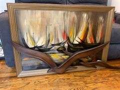 MCM mid-century sailboat painting 40 x 28, and seagulls wall plaque
