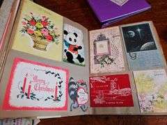 Scrapbook of vintage greeting cards, trade cards in album and box, Sierra Club Grand Canyon prints
