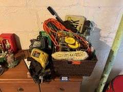 Black & Decker drill, drill bits, trouble light, scrub brush, basket, misc