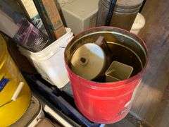 Garment rack, plasticware, tins, curtain rods, buckets, misc