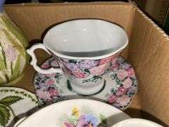 Floral decorated china cups & saucers, ceramic pitcher