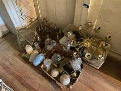 Chandelier and ceiling light fixtures, vintage glass lamp shades, post lantern