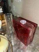 Two lamp bases, two glass chimneys, glass block