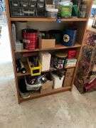 Contents of shelf unit: parts drawer cabinet, packing tape handle, hardware, misc
