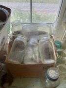 Canning jar lot, some blue, and soda bottles