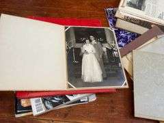 Scrapbook, magazines, paper collectibles, Lions Club cap, bracket wall shelf