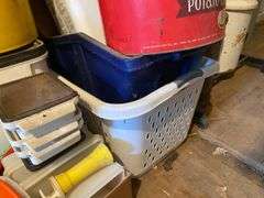 Garment rack, plasticware, tins, curtain rods, buckets, misc