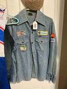 Denim shirt w/ patches, and straw cap
