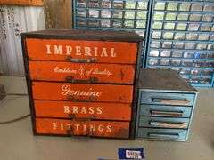 Vintage Imperial Brass Fittings advertising store cabinet w/ contents, and other cabinet w/ contents