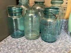 Blue glass canning jars, some w/ glass clamp tops