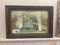 Print of Victorian Children "The Secret", framed - note water stains