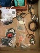 Wooden jewelry box, Timex watch, Tiffany & Co pouch, necklaces, pendants