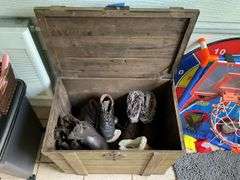 Wooden storage chest w/ boots contents 25x16x20