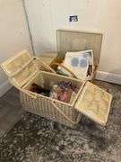 Sewing basket and box w/ embroidery supply contents
