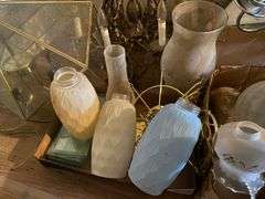 Chandelier and ceiling light fixtures, vintage glass lamp shades, post lantern
