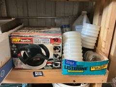 Contents of shelf: drywall supplies, buffer, plasticware