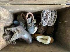 Wooden storage chest w/ boots contents 25x16x20