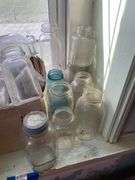 Canning jar lot, some blue, and soda bottles