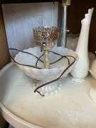 Contents of shelf: milk glass hen on nest, swung vase, compote, butter dish, grape vase, lamp base