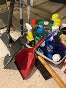 Lasso pedestal fan, cleaning supplies, mop, hand broom, dust pans