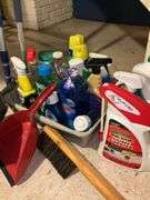 Lasso pedestal fan, cleaning supplies, mop, hand broom, dust pans